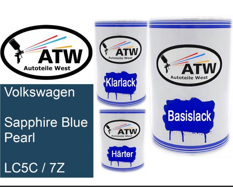 Volkswagen, Sapphire Blue Pearl, LC5C / 7Z: 500ml Lackdose + 500ml Klarlack + 250ml Härter - Set, von ATW Autoteile West.